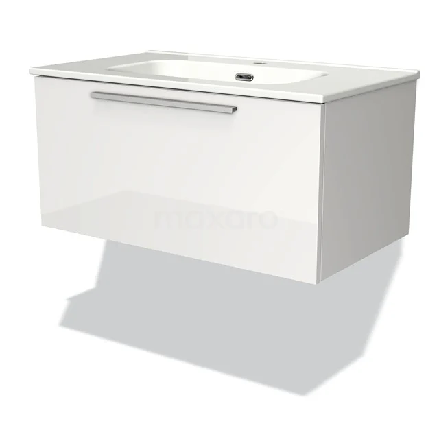 Wandhängendes Badezimmermöbel weiß, mit Schublade und integriertem Waschbecken, modernes Design in glänzender Ausführung.