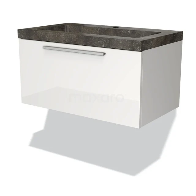 White floating bathroom unit with drawer, grey ceramic basin worktop and modern stainless steel handle, ideal for sleek bathrooms.