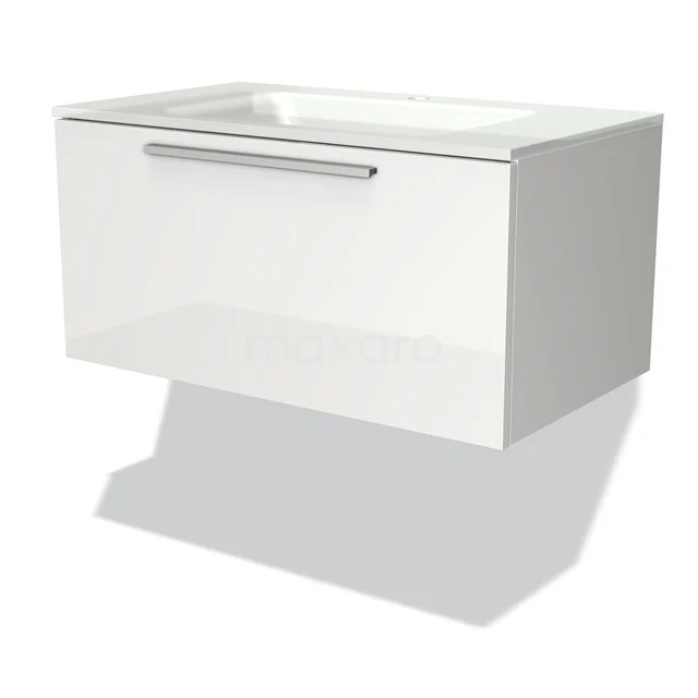 Modulo Vanity units with basin | 80 cm High-gloss white Flat front Glass 1 drawer BMW11-00040 White floating bathroom unit with glossy finish and chrome handle, ideal for a modern bathroom style.