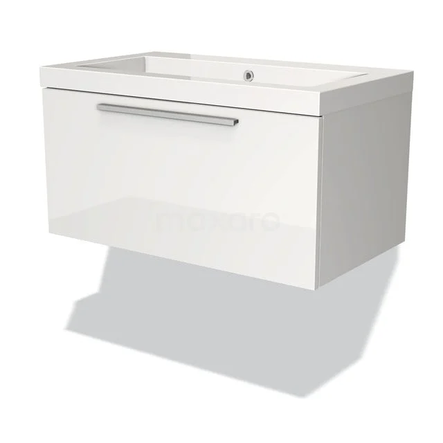 Wall-mounted white bathroom cabinet with drawers, glossy MDF, including integrated basin and modern chrome handle.