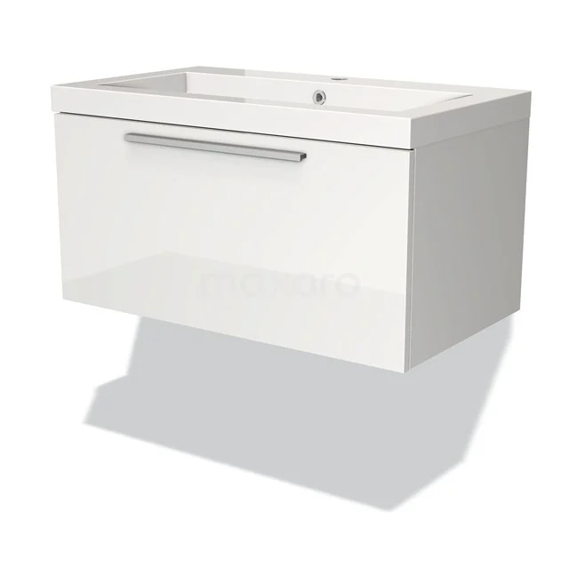 White wall-hung bathroom Basin cabinet with chrome handle, modern design, made of high-gloss white material.