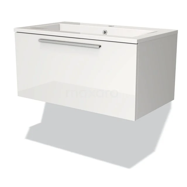 Wandhängendes weißes Badmöbel mit keramischem Waschbecken, modernem Design und metallischem Haltegriff.