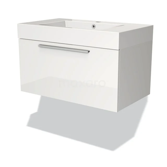 Weißes schwebendes Badmöbel mit Schublade und integriertem Waschbecken, glänzende Oberfläche und modernes, elegantes Design.