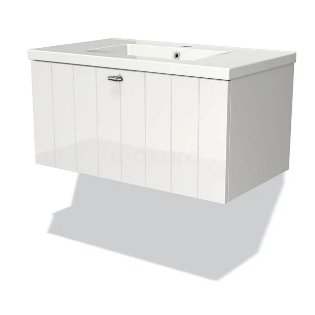 Modulo Bathroom furniture with sink | 80 cm High-gloss white Slat front Ceramic 1 drawer BMW11-00047 White floating bathroom unit with one drawer and integrated vanity units with basin, modern design with vertical lines.