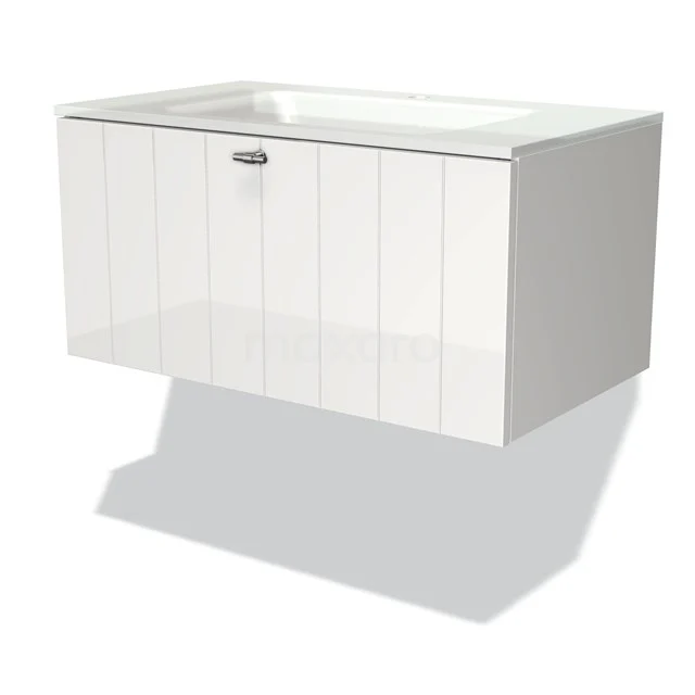 Modulo Vanity units with basin | 80 cm High-gloss white Slat front Glass 1 drawer BMW11-00052 White suspended bathroom unit with integrated vanity units with basin, modern glossy finish and vertical lines in the design.