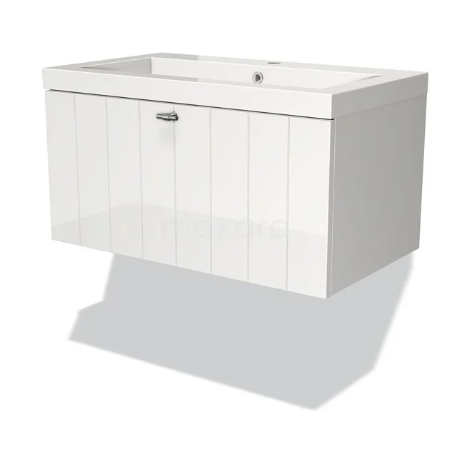 Modulo Bathroom furniture with sink | 80 cm High-gloss white Slat front Mineral marble 1 drawer BMW11-00054 White hanging bathroom unit with horizontal lines, rectangular basin and silver handle, modern and minimalist design.