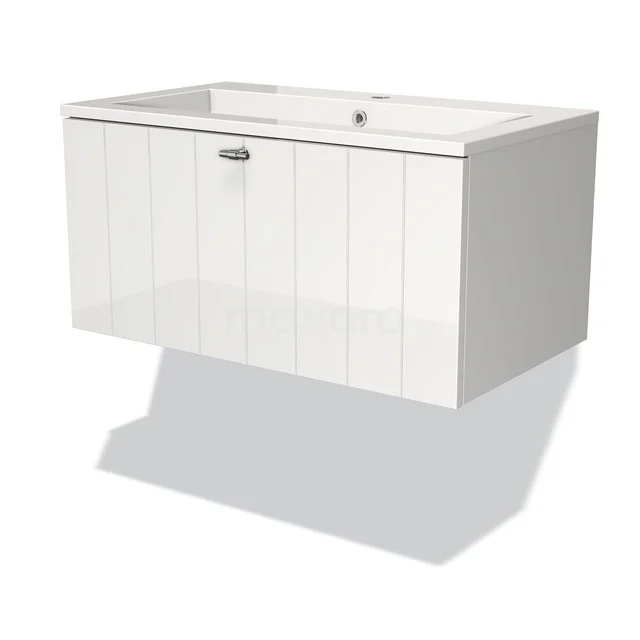 Modulo Vanity units with basin | 80 cm High-gloss white Slat front Mineral marble 1 drawer BMW11-00055 White floating bathroom unit with drawer, medium-sized vanity units with basin and vertical wood grain, ideal for modern bathrooms.
