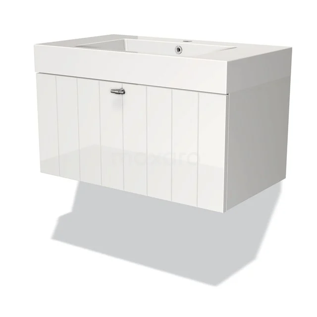 Weiße Holz-Badmöbel mit integriertem Waschbecken, einfachem Hahnloch und modernem Paneeldesign.