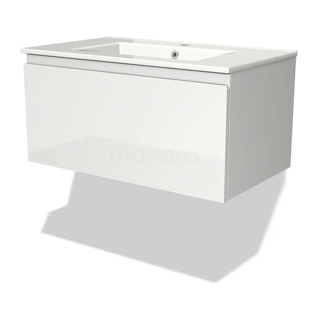 Wit hangend badkamermeubel met hoogglans afwerking, geïntegreerde wastafel en strak modern design voor een stijlvolle badkamer.
