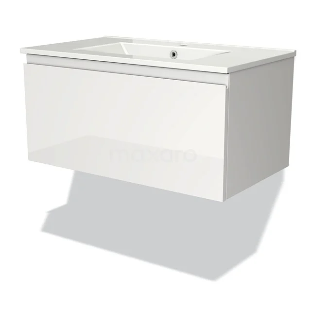 Wit glanzend hangend badkamermeubel met lade, modern design en ingebouwde wastafel van keramiek.