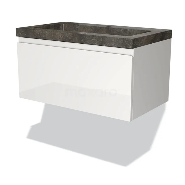 Wandhangend badkamermeubel met witte afwerking en donker marmeren wastafel, modern design uit de Milano-serie.