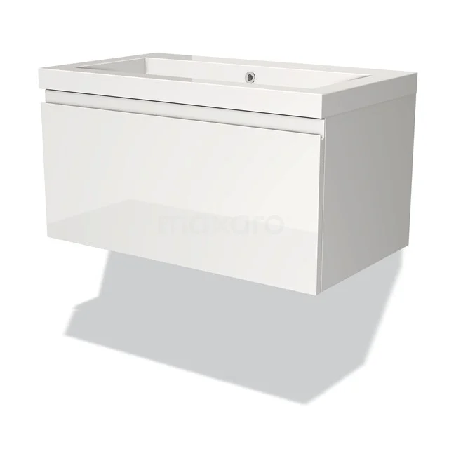Wit wandmeubel voor de badkamer met modern design, gladde afwerking en geïntegreerde wastafel in hoogglans materiaal.