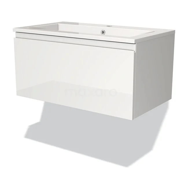 Wit, zwevend badkamermeubel met soft-close lade en ingebouwde wastafel, strak design, ideaal voor moderne badkamers.