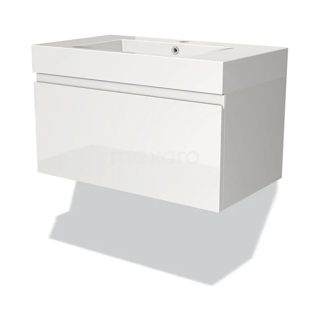 White wall-hung bathroom unit with sleek design, featuring integrated vanity units with basin and a handleless drawer.