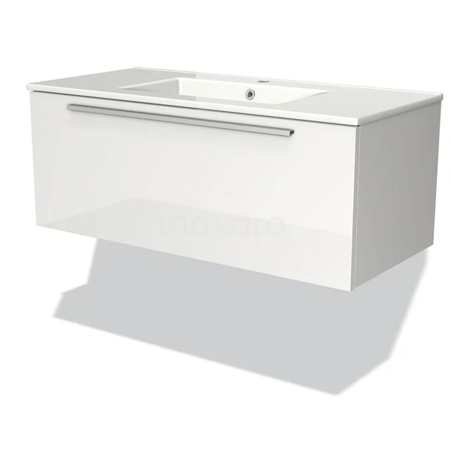 Weiße, hängende Badschrank mit integrierten Waschbecken und chromfarbener Haltegriff, modernes Design, ideal für kompakte Bäder.