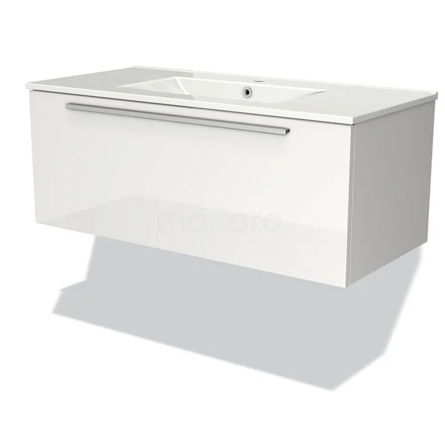 White modern vanity unit with glossy finish and integrated basin, ideal for a stylish bathroom.