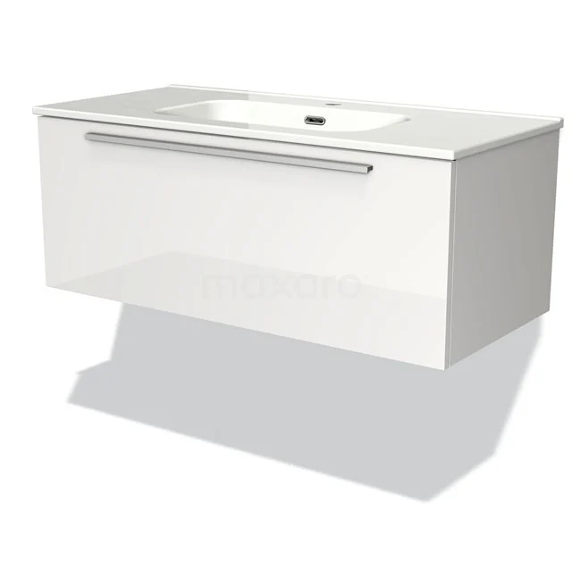 Modulo Bathroom furniture with sink | 100 cm High-gloss white Flat front Ceramic 1 drawer BMW11-00073 White hanging bathroom unit with built-in vanity units with basin, clean design and metal handle, ideal for modern bathrooms.