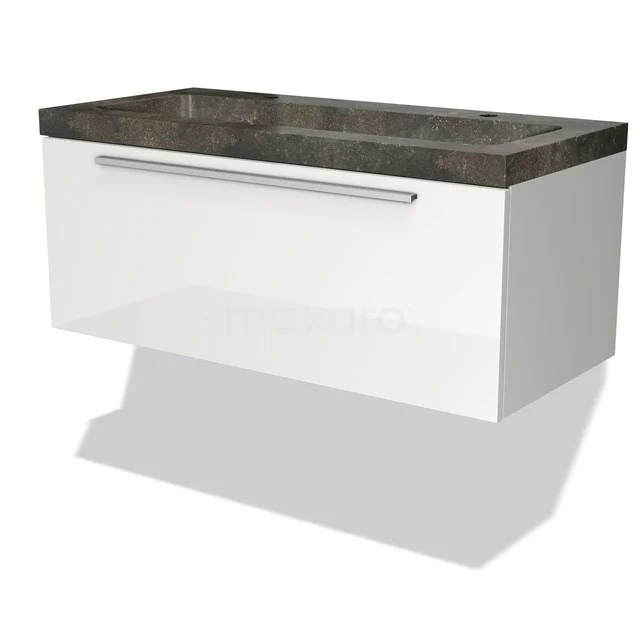 White suspended bathroom unit with dark grey stone basin worktop and a single drawer, sleek and modern design.
