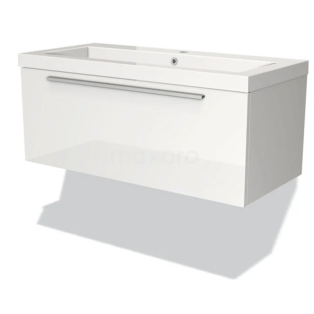 Weißes, schwebendes Waschtischmöbel mit Schubladen und chromfarbener Griff, modernes Design für eine elegante Badezimmergestaltung.