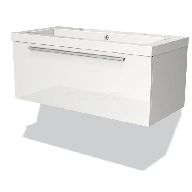 Weiße schwebende Badmöbel mit breiter Schublade, metallischem Haltegriff und integriertem Waschbecken, modernes Design.