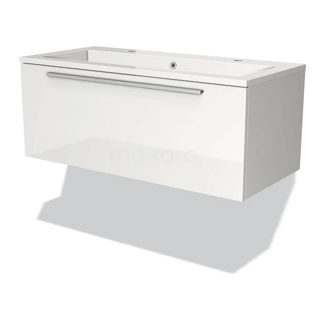 Modulo Bathroom furniture with sink | 100 cm High-gloss white Flat front Mineral marble 1 drawer BMW11-00082 White floating bathroom unit with drawers, metal handle and integrated vanity units with basin, modern design made of high-quality materials.