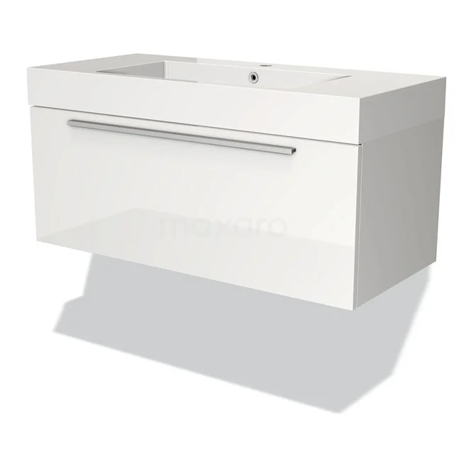 Weißer Badschrank mit glänzender Front, breiter Schublade und integriertem Waschbecken; ideal für moderne Badezimmergestaltung.