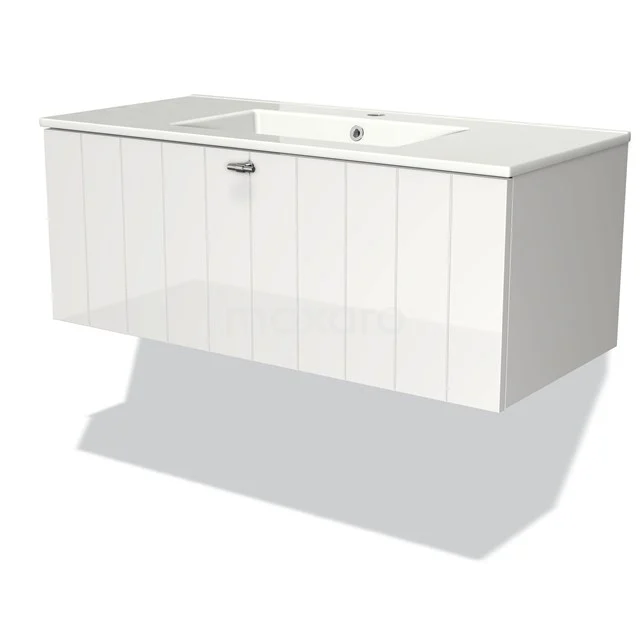 Modulo Vanity units with basin | 100 cm High-gloss white Slat front Ceramic 1 drawer BMW11-00085 White suspended bathroom unit with integrated vanity unit with basin, wood-look panels and a modern handle-free finish.