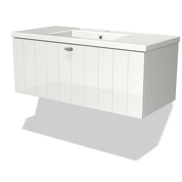 White hanging bathroom unit with integrated vanity unit with basin, clean design and vertical lines on the cabinet door.