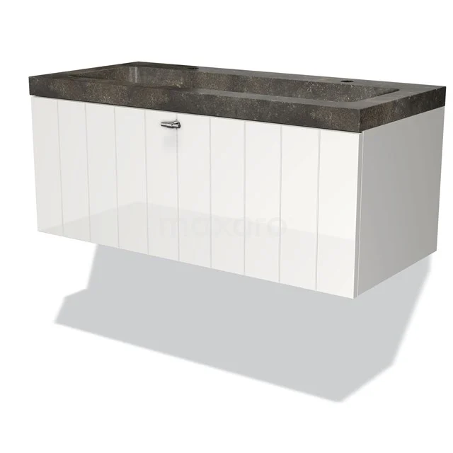 Modulo Bathroom furniture with sink | 100 cm High-gloss white Slat front Natural stone 1 drawer BMW11-00090 Wall-mounted bathroom unit white with wooden structure and grey stone basin worktop, ideal for stylish bathrooms.