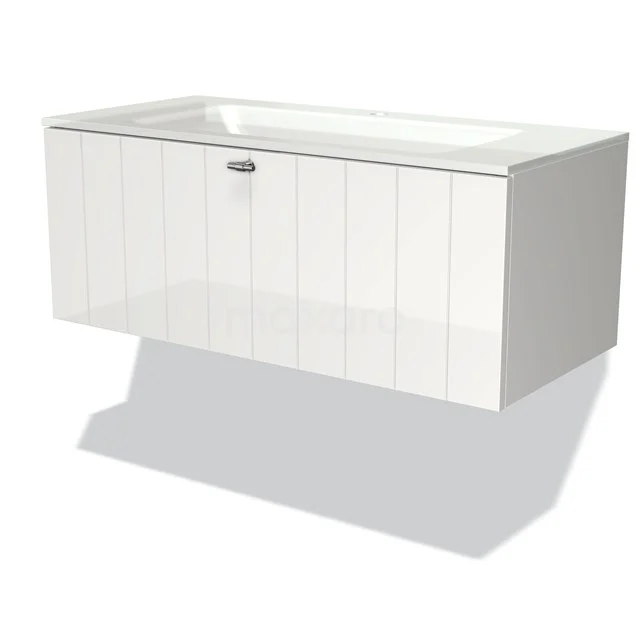 Modulo Bathroom furniture with sink | 100 cm High-gloss white Slat front Glass 1 drawer BMW11-00091 White, modern bathroom unit with glossy lacquered finish and spacious storage drawer, ideal for stylish bathroom design.