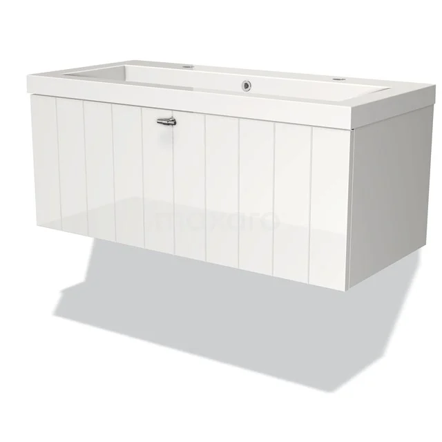Modulo Vanity units with basin | 100 cm High-gloss white Slat front Mineral marble 1 drawer BMW11-00094 White hanging bathroom unit with drawers and panel design, sleekly designed in wood look for a modern bathroom style.