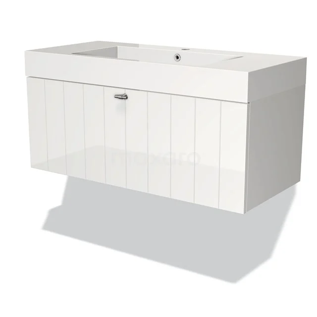 Weißes hängendes Badezimmermöbel mit grifflosem Schublade, modernes Design, glänzende Oberfläche, ideal für ein stilvolles Badezimmer.