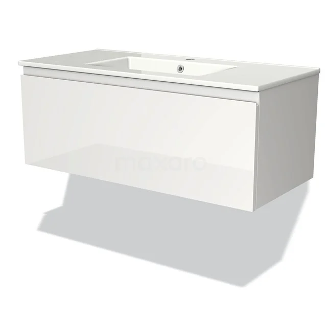 Wit hangend badkamermeubel met glanzende afwerking, geïntegreerde wastafel en modern design.