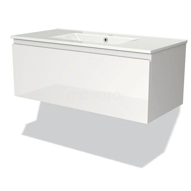 White suspended bathroom unit with glossy finish, integrated vanity units with basin and sleek modern design.