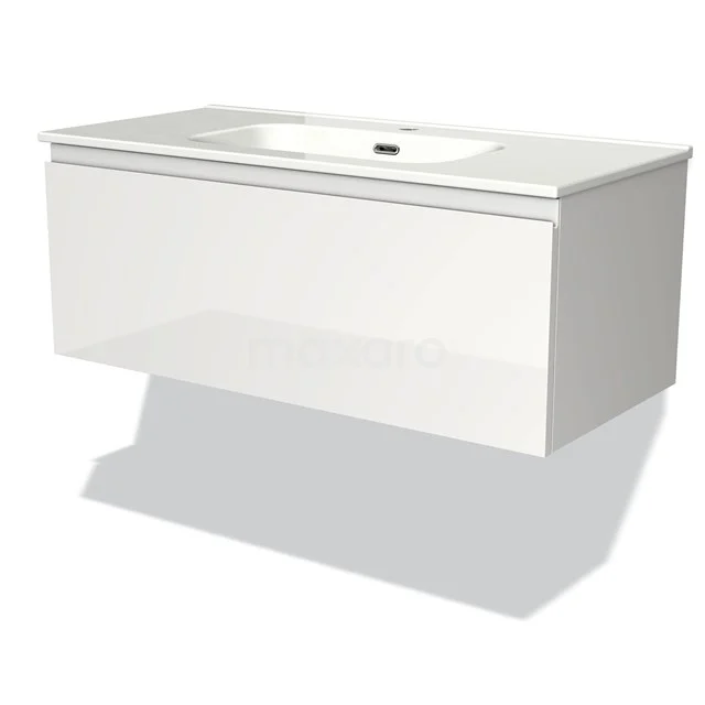 Wit hangend badkamermeubel met geïntegreerde wastafel, strak design, ideale opbergoplossing voor moderne badkamers.