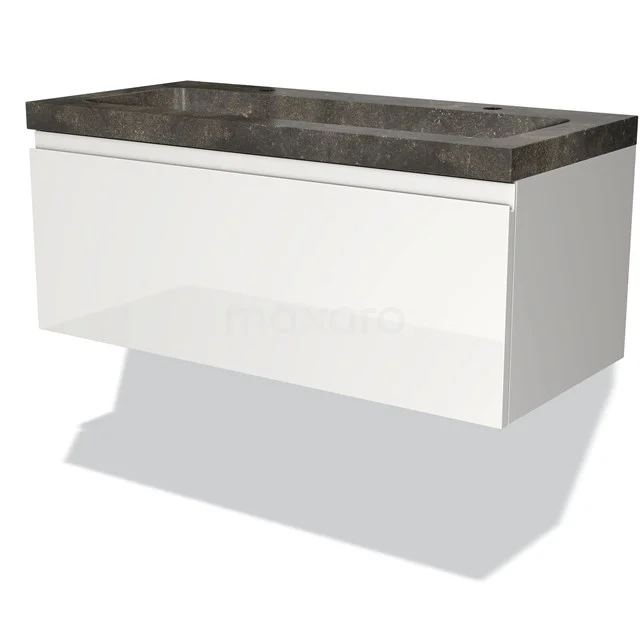 Wit hangend badkamermeubel met een grijs natuurstenen wastafelblad, strak design en moderne uitstraling.