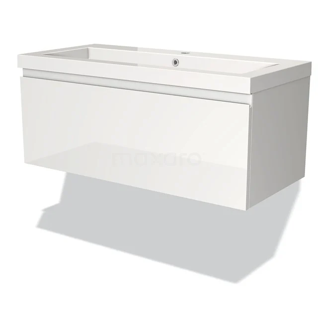 Wit zwevend badkamermeubel met glanzende afwerking, geïntegreerde wastafel en minimalistisch design.
