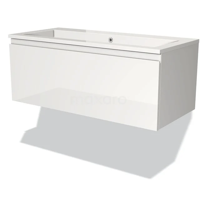 Wit wandmontage badkamermeubel met brede lade, modern design en hoogglans afwerking, ideaal voor stijlvolle badkameropslag.