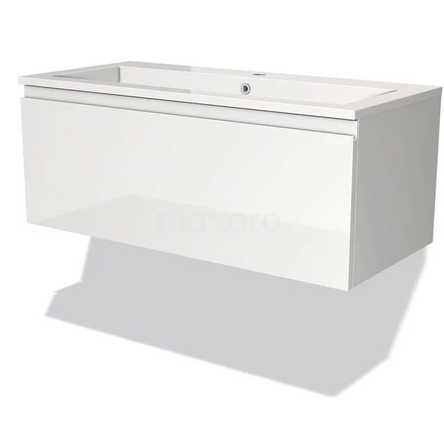 Wit hangend badkamermeubel met lade, glanzend afwerking en strak design, geschikt voor moderne badkamers.