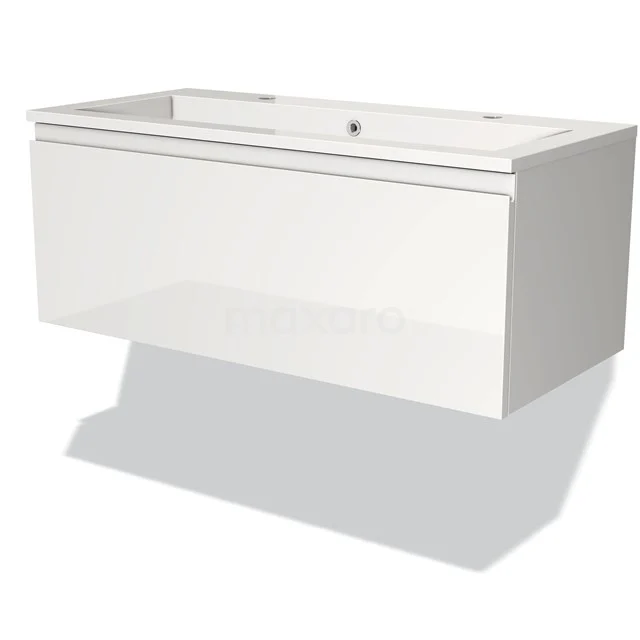 Wit, zwevend badkamermeubel met lade, glanzende afwerking, modern design, passend voor een strakke badkamerstijl.