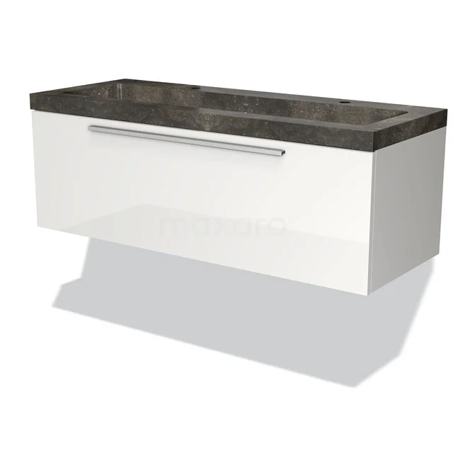 Modulo Waschtische | 120 cm Hochglanz Weiß Flach front Naturstein 1 Schublade BMW11-00115 Weißes hängendes Badmöbel mit dunkler Marmor-Waschtischplatte und chromfarbener Haltegriff, modernes Design für stilvolle Bäder.