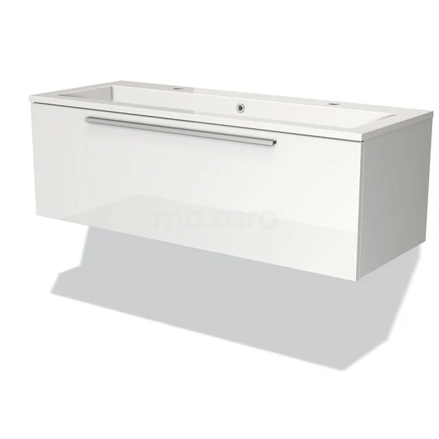 Weißes hängendes Badezimmermöbel mit Schublade und chromfarbener Haltegriff, modernes Design, ideal für zeitgemäße Badezimmergestaltung.