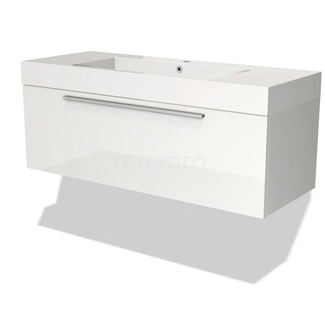 Weißes schwebendes Badezimmermöbel mit einem Waschbecken, Schublade mit chromfarbigem Griff, modernes Design und Hochglanz-Oberfläche.