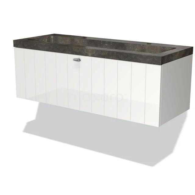 Weißes Badezimmermöbel mit marmorierter Platte, hängendes Design, klare Paneele und eine Schublade. Perfekt für ein modernes Badezimmer.