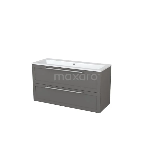 Grey bathroom furniture set with two drawers, modern design, matte finish and integrated ceramic basin.