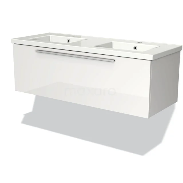 Modulo Waschtische | 120 cm Hochglanz Weiß Flach front Keramik 1 Schublade BMW11-00137 Weißes Doppelwaschbeckenmöbel aus glänzendem Material, Wandmontage, schlankes Design; perfekt für ein modernes Badezimmer.
