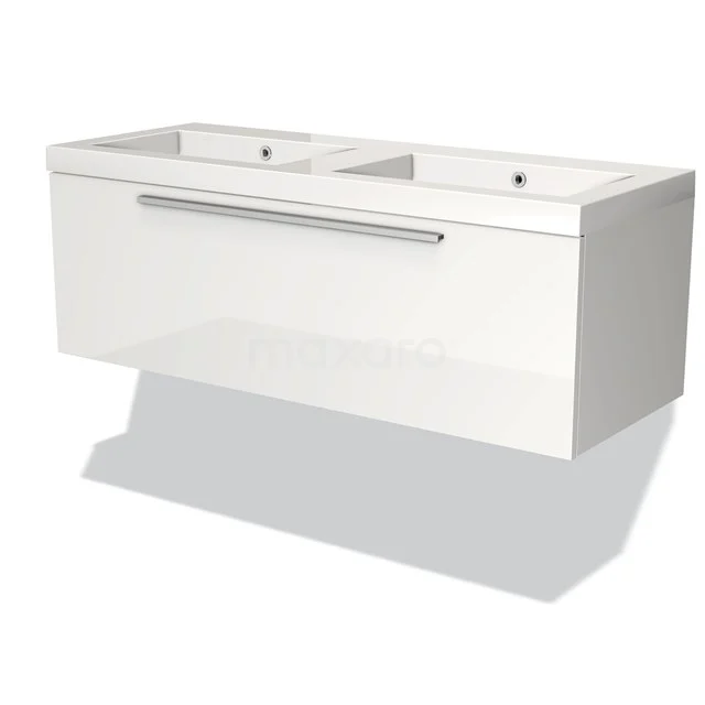 White bathroom furniture set with double basin, modern design and metal handle, ideal for sleek bathroom design.