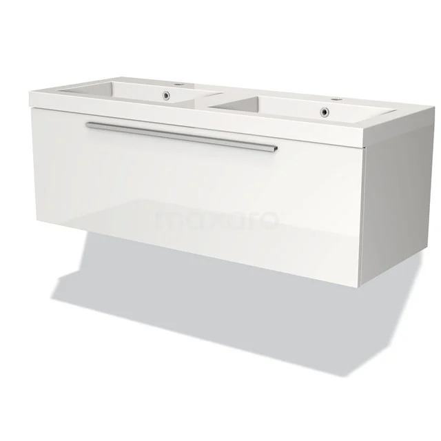 White double basin with drawer, sleek design, suitable for modern bathrooms. Series: Minimal; materials: high-gloss MDF.