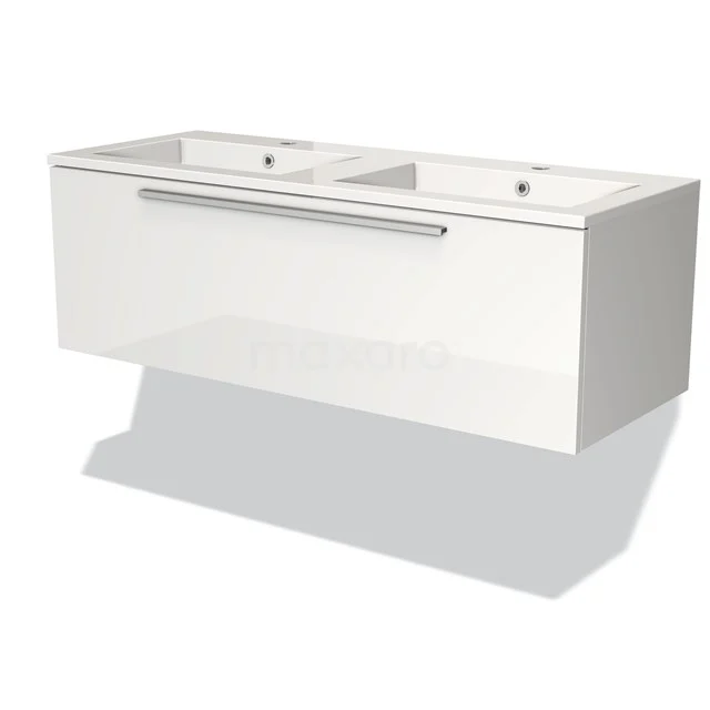 White floating bathroom unit with double sink, sleek design and stainless steel handle.