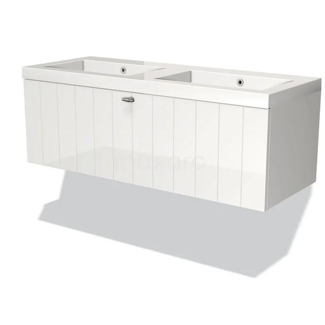 Modulo Bathroom furniture with sink | 120 cm High-gloss white Slat front Mineral marble 1 drawer BMW11-00155 White double vanity unit with sleek panel design, ideal as a modern bathroom solution.